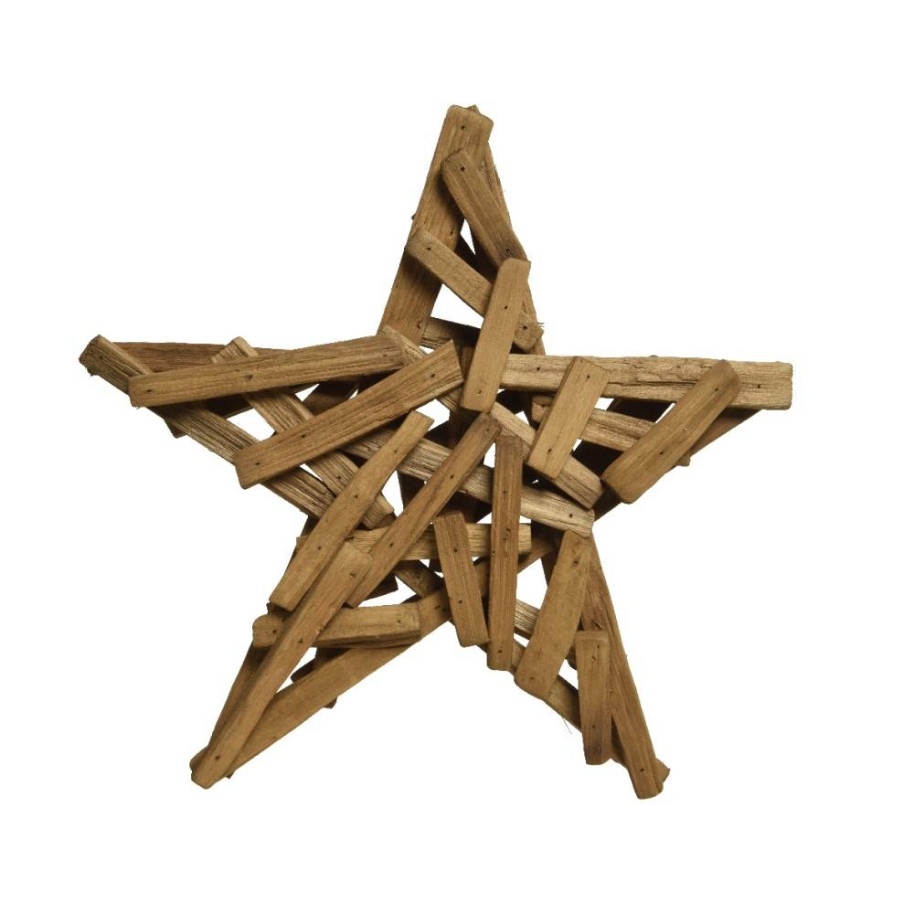A rustic wooden star made of intertwined, weathered sticks in a natural finish.