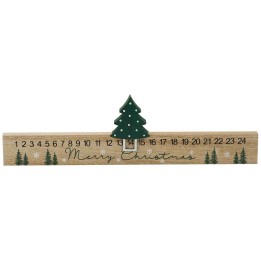 Houten Adventskalender met kerstboom en sneeuwvlokken, in groene en natuurlijke tinten.