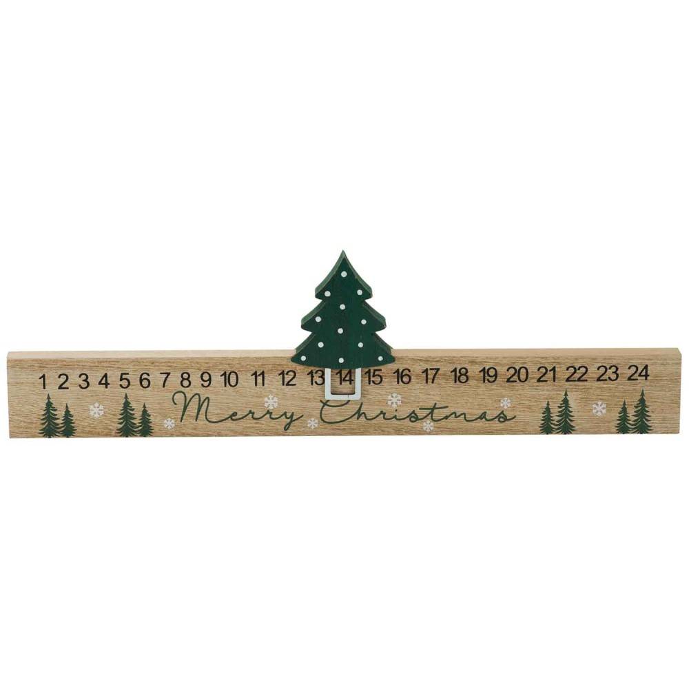A wooden Christmas countdown calendar with a green tree and festive decorations.