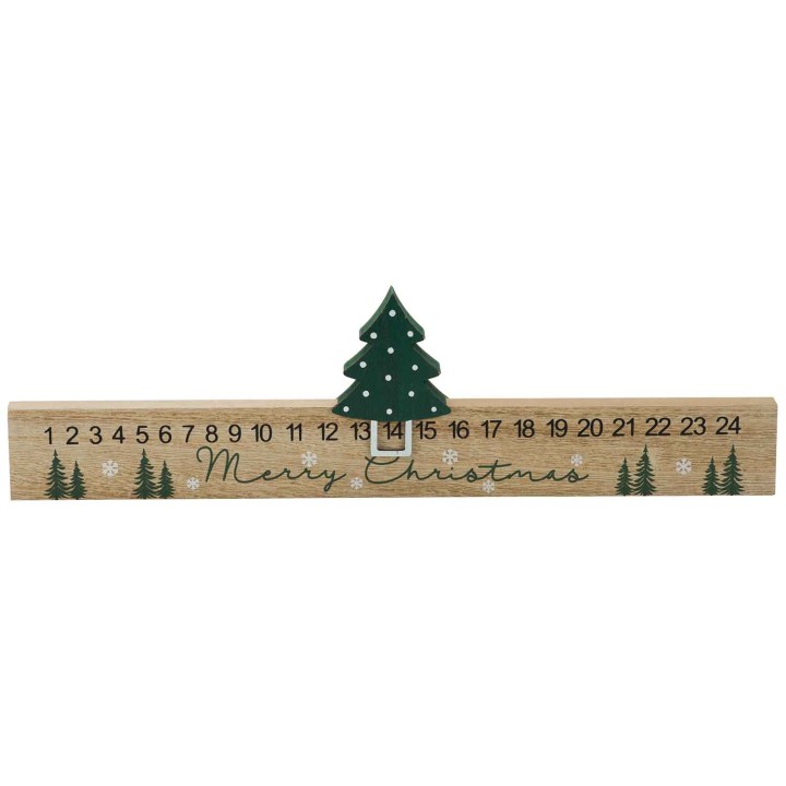 Houten Adventskalender met kerstboom en sneeuwvlokken, in groene en natuurlijke tinten.