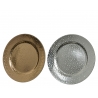 Two round plates, one gold and one silver, both with a textured, hammered finish.