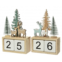 Wooden block calendar featuring deer and evergreen trees, in soft green and natural tones.