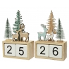 Wooden block calendar featuring deer and evergreen trees, in soft green and natural tones.