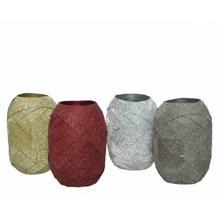Four glittery vases in gold, red, silver, and dark gray, elegantly twisted in shape.