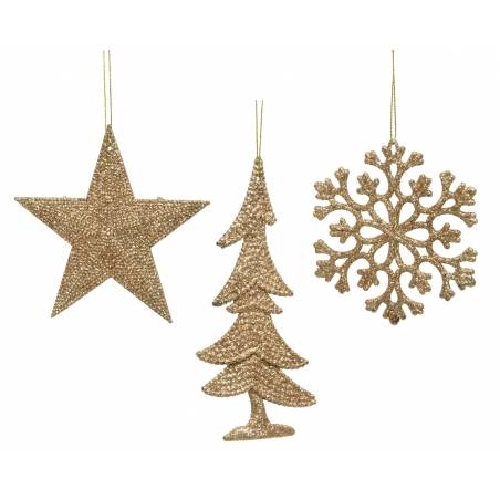 Drie gouden kerstversieringen: een ster, een boom en een sneeuwvlok, met textuur en glans.