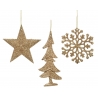 Three glittering gold ornaments: a star, a tree, and a snowflake, each with intricate textures.