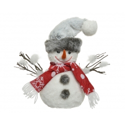 A fluffy, cheerful snowman with a red scarf, gray hat, and twig arms.