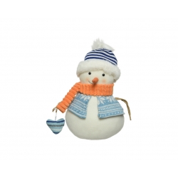 A cheerful, soft snowman wearing a striped hat and scarf, holding a small heart.