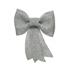 A shimmering silver bow with a textured, sparkly finish and flowing tails.