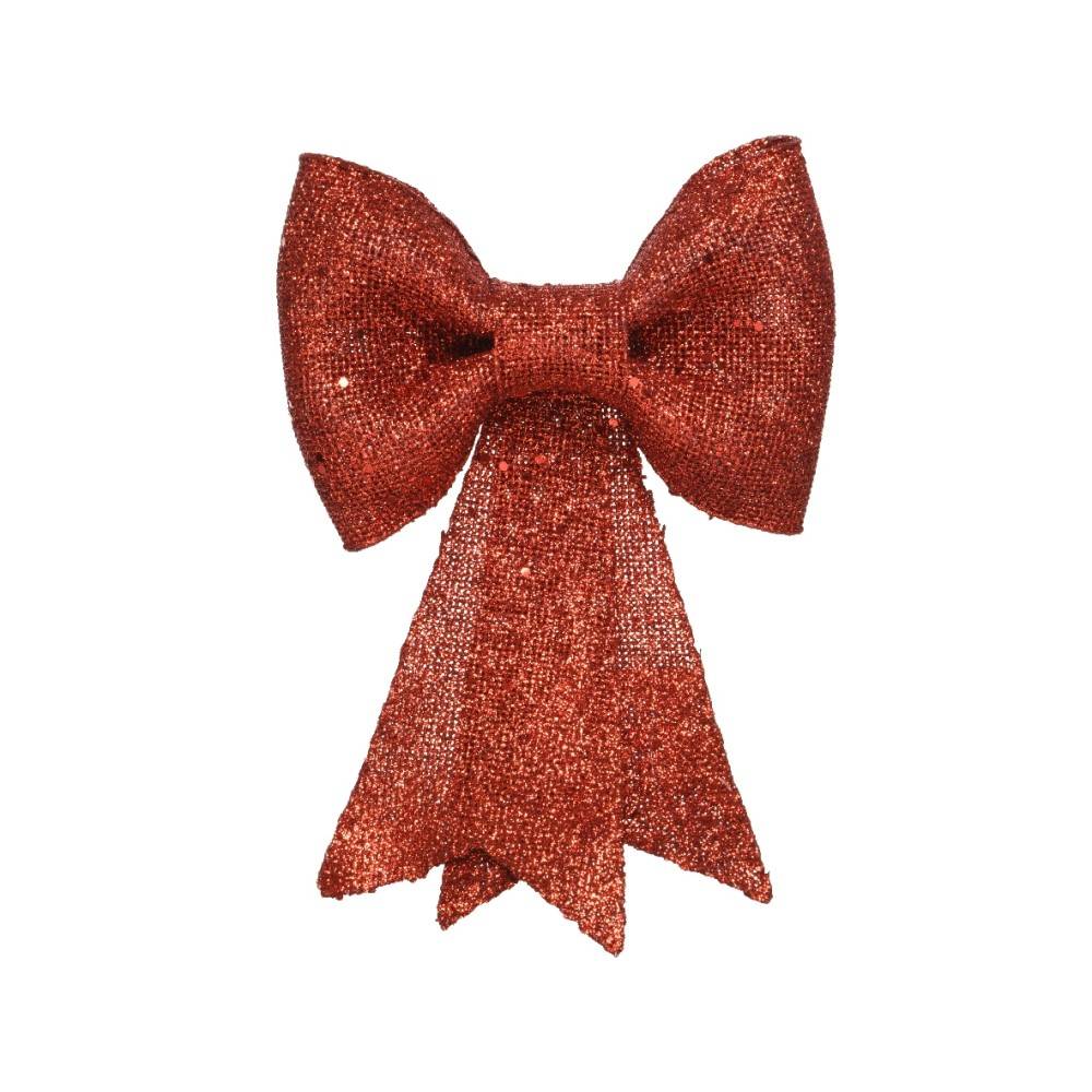 A sparkling red bow with a wide, textured ribbon and pointed tails.