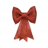 A sparkling red bow with a wide, textured ribbon and pointed tails.