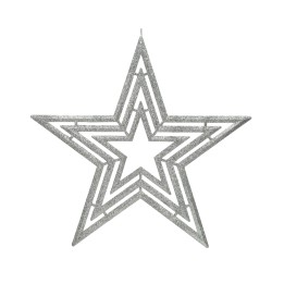 Gelaagde, glinsterende zilveren ster met geometrische vormen, hangend en feestelijk.