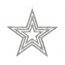 A sparkling silver star ornament with layered, geometric lines.