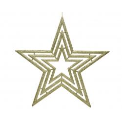 A shimmering gold star ornament with layered, geometric lines.