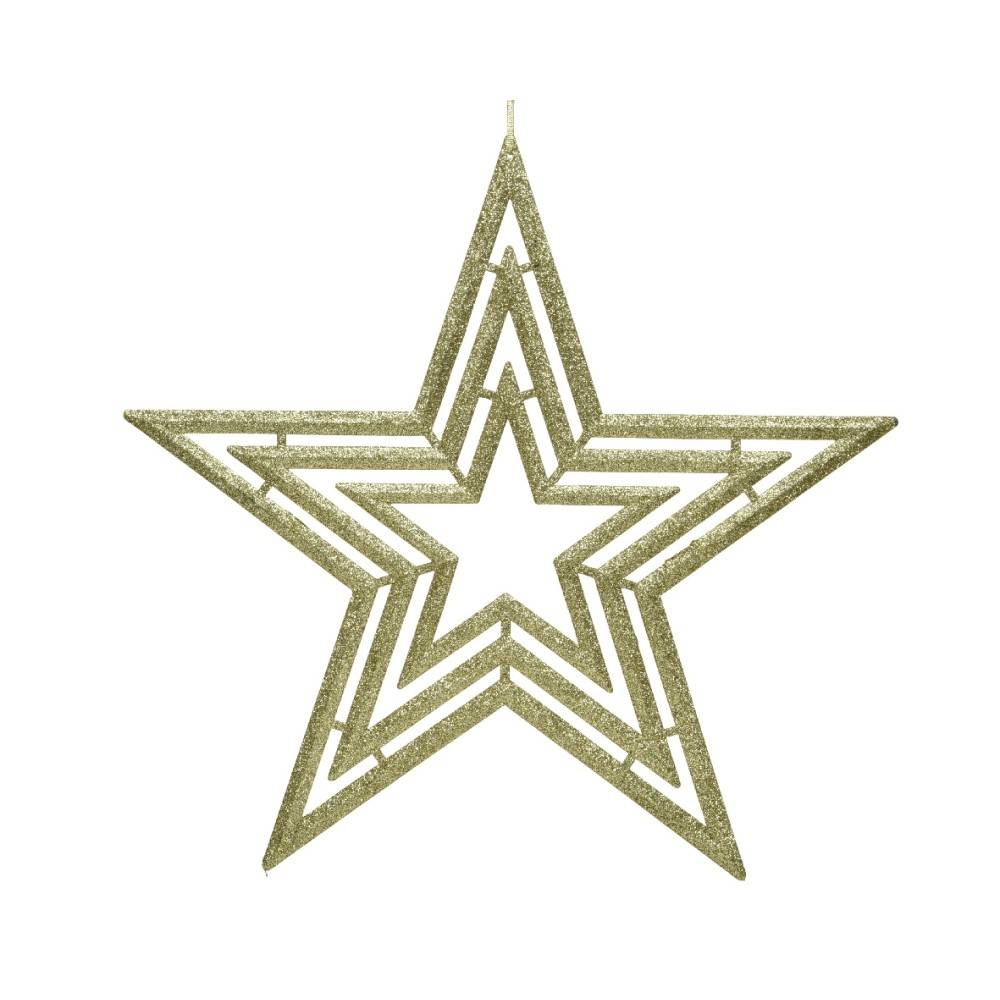 Gouden, glinsterende ster met meerdere lagen en een open ontwerp.