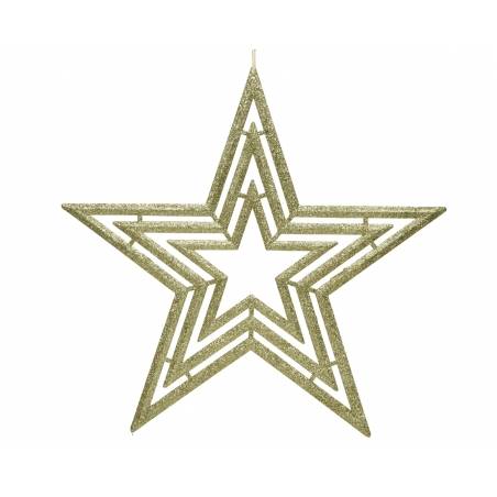 Gouden, glinsterende ster met meerdere lagen en een open ontwerp.