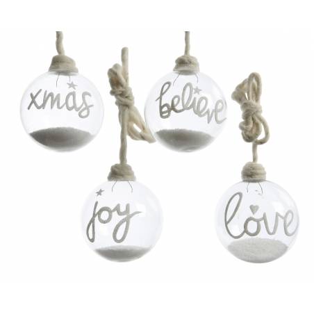 Four clear glass ornaments with white text: "xmas," "believe," "joy," and "love," tied with twine.