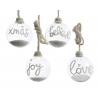 Four clear glass ornaments with white text: "xmas," "believe," "joy," and "love," tied with twine.