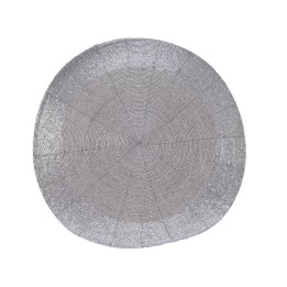 Ronde, geweven placemat in grijstinten met een structuur van fijne draad.