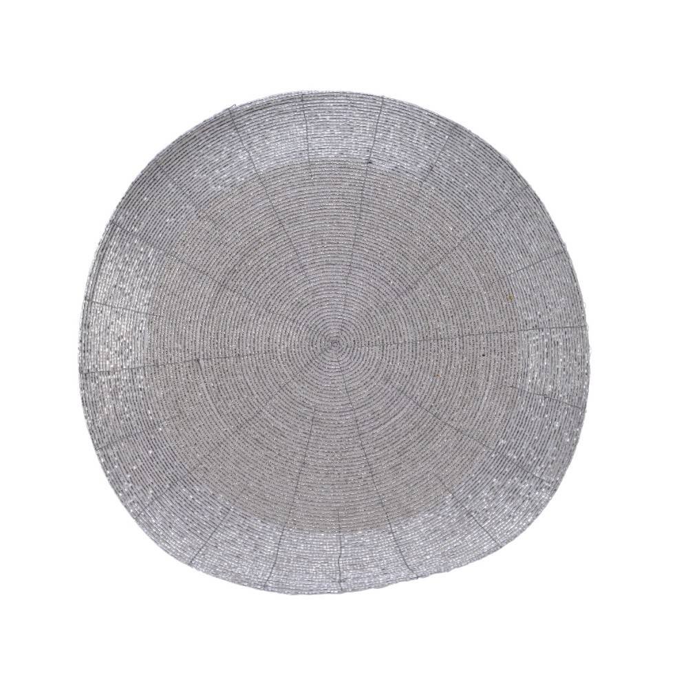 A circular, woven mat in shades of gray, featuring intricate concentric patterns.