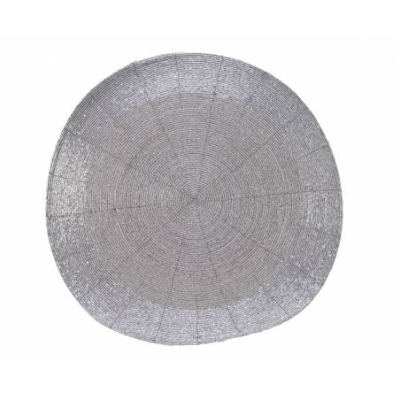 A circular, woven mat in shades of gray, featuring intricate concentric patterns.