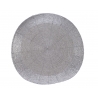 A circular, woven mat in shades of gray, featuring intricate concentric patterns.
