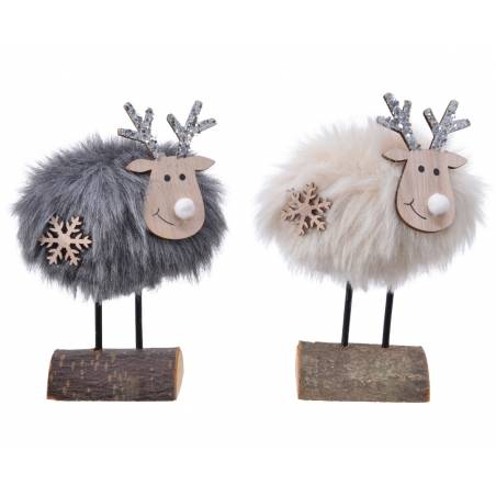Two fluffy reindeer figures, one grey and one white, with wooden faces and antlers on log bases.