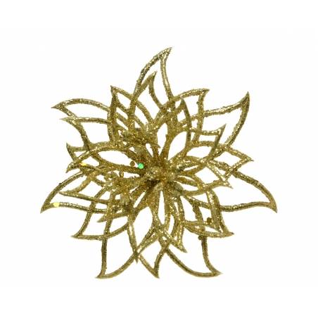 A shimmering gold snowflake with intricate, pointed edges and a sparkling finish.