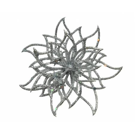 A sparkling silver snowflake with intricate, layered petal-like shapes and shimmering details.