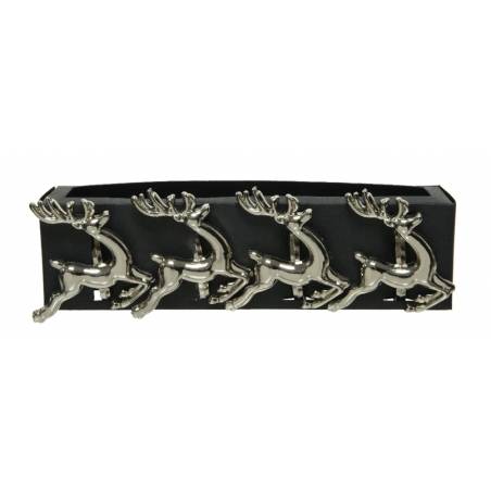 A sleek black wall hook with four shiny reindeer figurines as hooks.