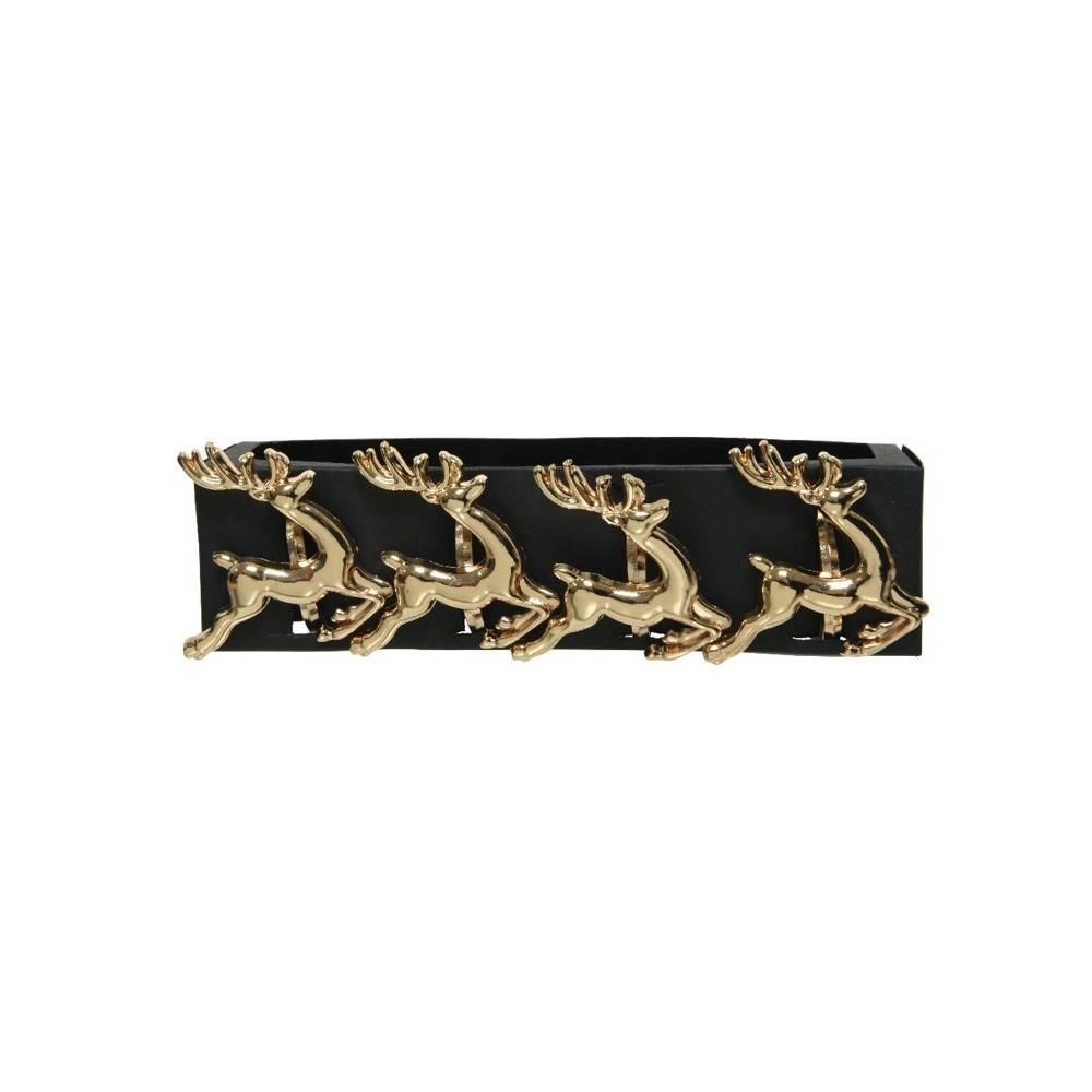 A sleek black wall-mounted rack featuring four gold reindeer figures in a playful, jumping pose.