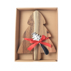 A wooden Christmas tree-shaped cutting board with a red ribbon and a silver-tipped knife.