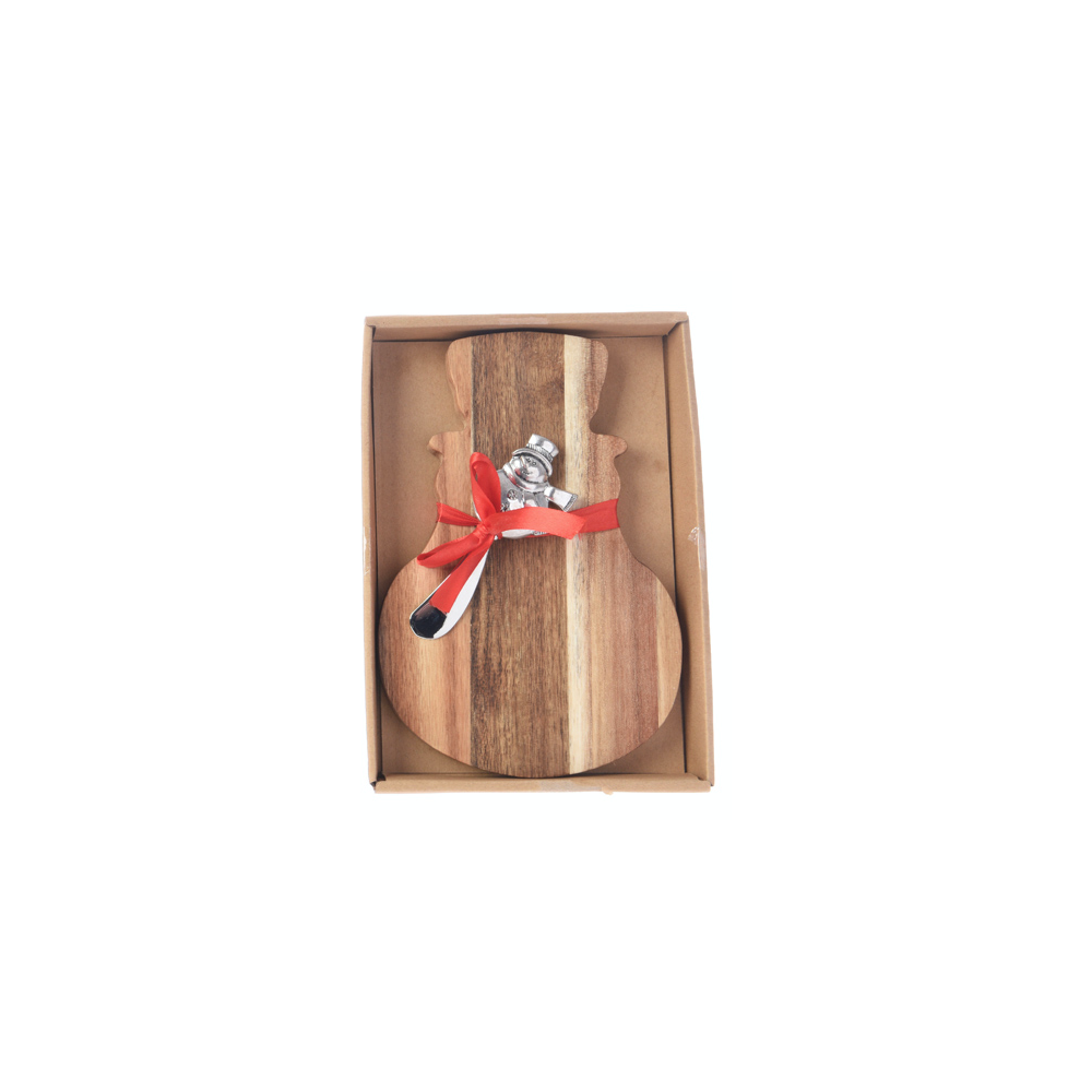 Houten snijplank in de vorm van een gitaar, met een zilveren mes en een rode strik.