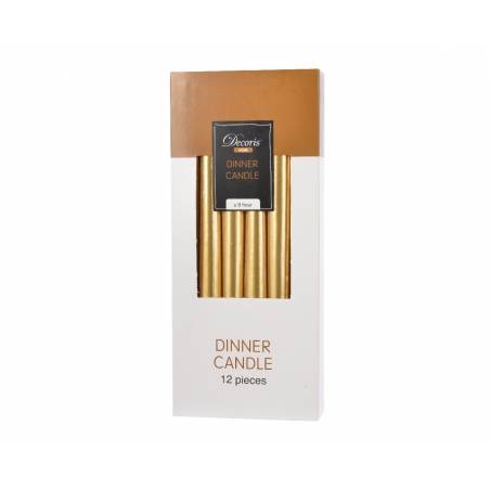 Een doos met twaalf gouden dinerkaarsen in een stijlvolle verpakking.
