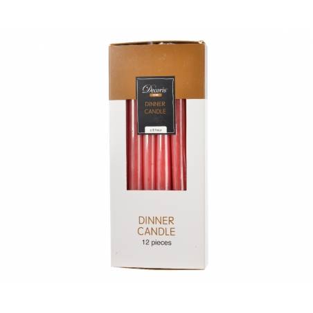 A box of twelve tall, red dinner candles with a sleek, elegant design.