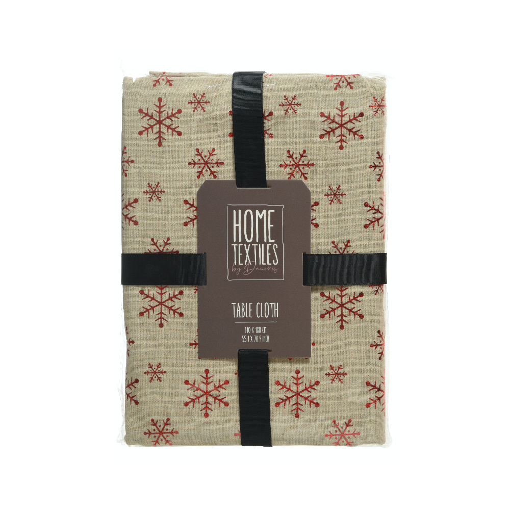 A beige tablecloth adorned with red snowflakes, neatly packaged with a black ribbon.
