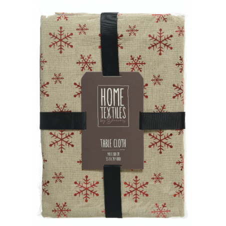 A beige tablecloth adorned with red snowflakes, neatly packaged with a black ribbon.