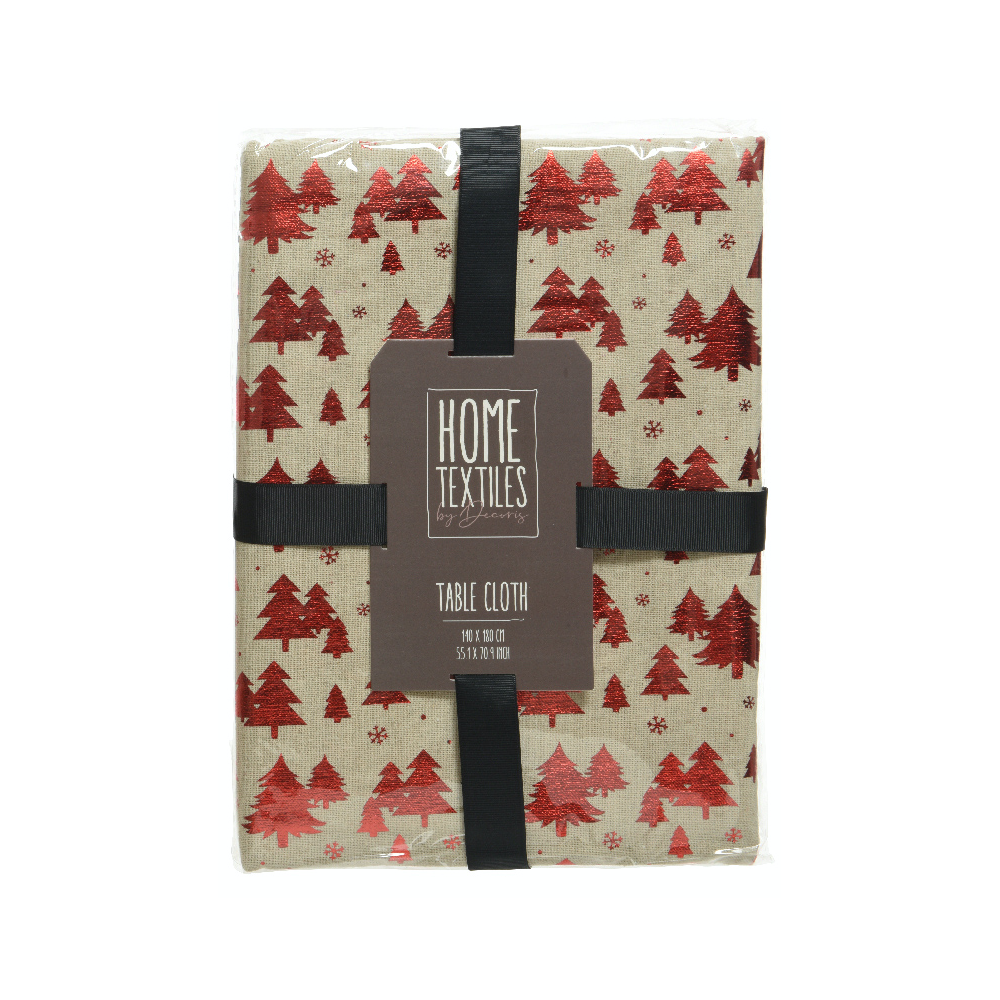 A beige tablecloth featuring shiny red trees, wrapped in a black ribbon.