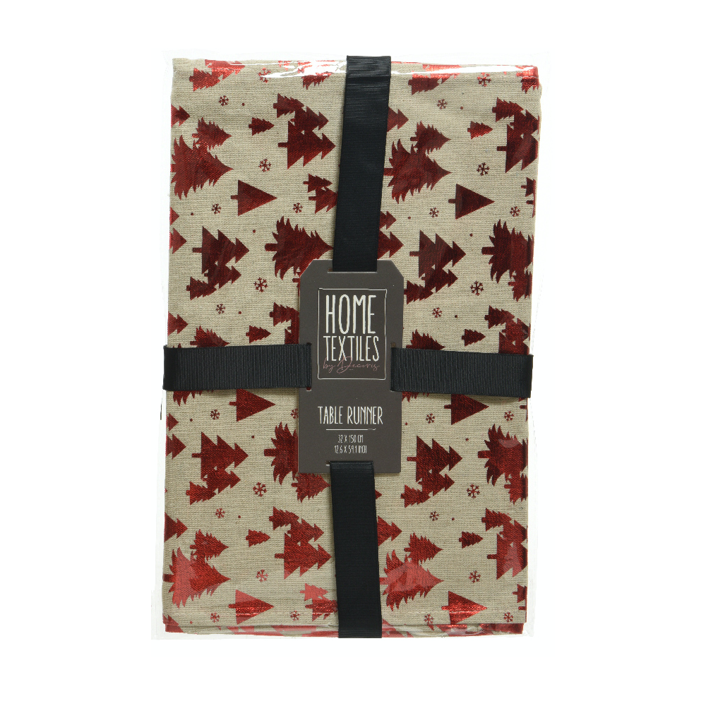 A festive table runner with red Christmas trees on a light beige background.