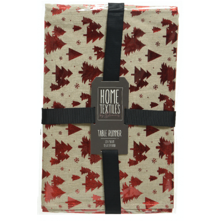 A festive table runner with red Christmas trees on a light beige background.