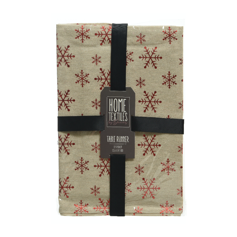 A beige table runner adorned with red snowflakes, neatly packaged with a black ribbon.