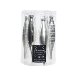 Zes glanzende kerstversieringen in een doorzichtige verpakking, zilver en elegant van design.