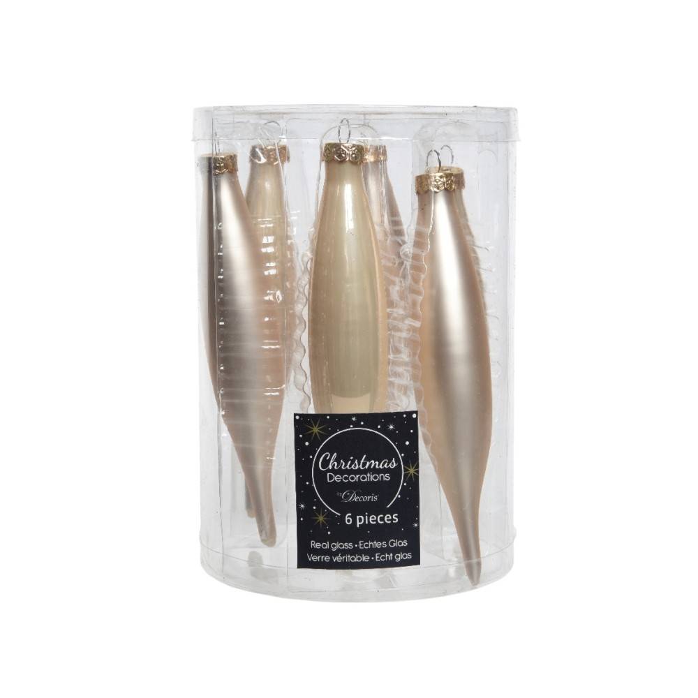 Zes gouden kerstballen in een doorzichtige verpakking, met een elegante, glanzende afwerking.