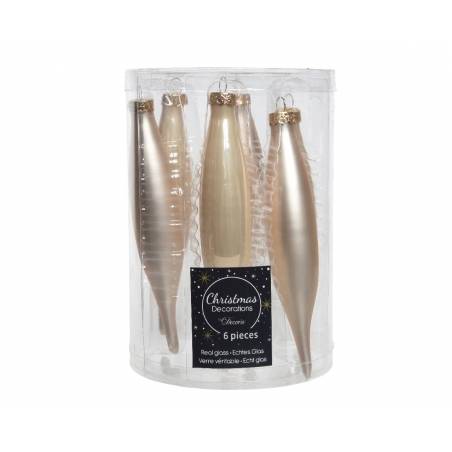 A clear cylindrical container holds six elegant, gold-tinted glass Christmas ornaments.