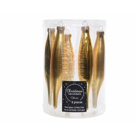A clear container holds six elegant golden Christmas ornaments in varying shapes.