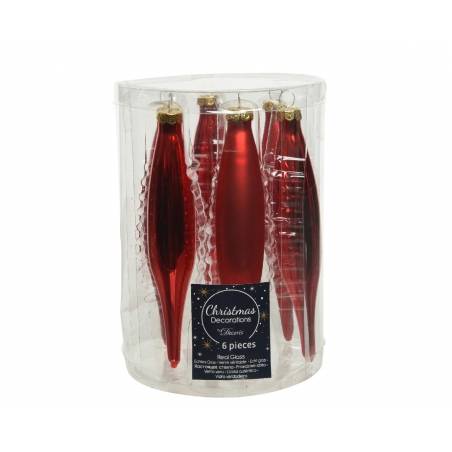 A clear cylindrical container holding six shiny red glass Christmas ornaments in various shapes.