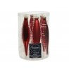 A clear cylindrical container holding six shiny red glass Christmas ornaments in various shapes.