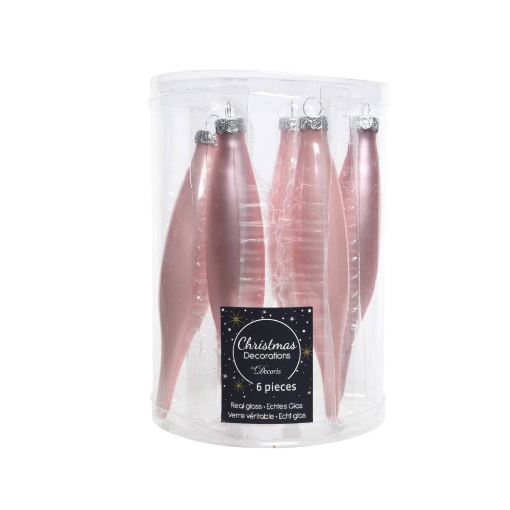 A clear cylindrical container holds six elegant, elongated pink glass ornaments.