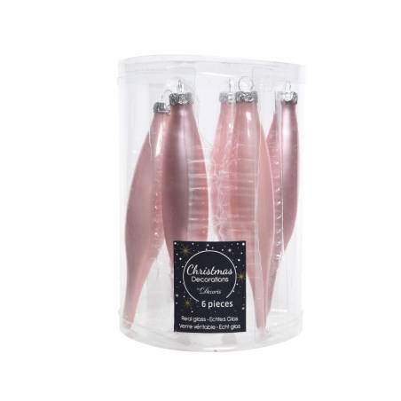 A clear cylindrical container holds six elegant, elongated pink glass ornaments.