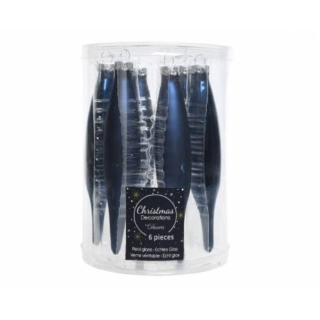 A clear cylindrical container holds six elegant, shiny glass ornaments in blue and silver hues.